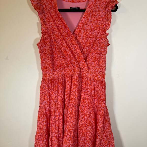 Rachel Zoe Dress Womens 12 Pink Orange Floral Tiered Faux Wrap Ruffle - Picture 1 of 3